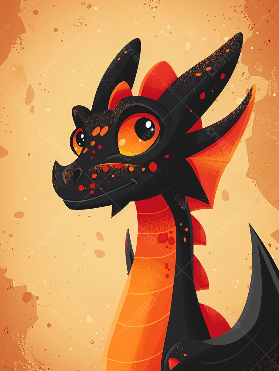 Dragão preto e laranja com olhos grandes em ilustração fantástica
