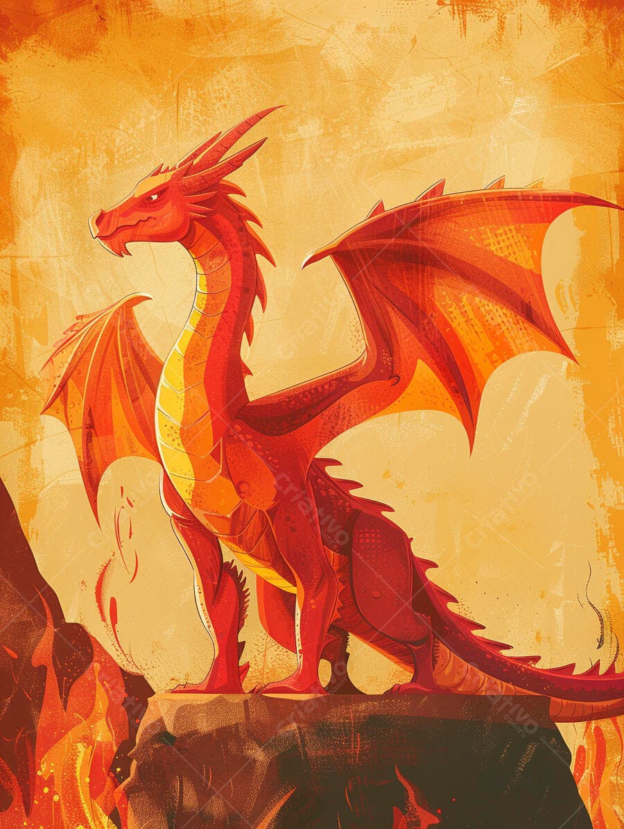 Dragão vermelho alado em paisagem rochosa ardente