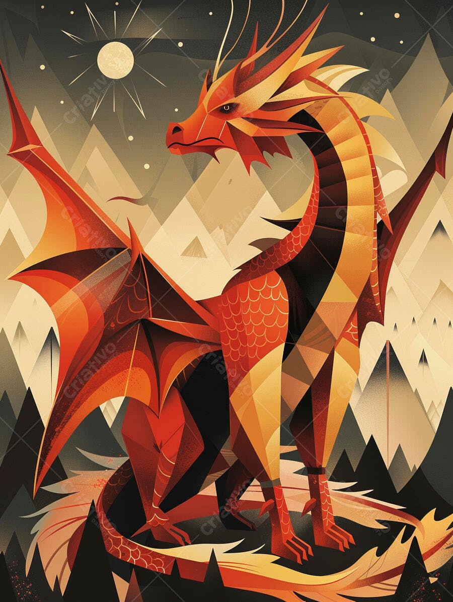 Dragão vermelho e dourado geométrico em montanhas noturnas com lua brilhante