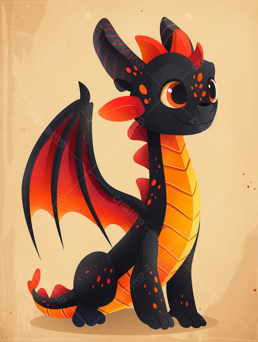Dragão bebê fofo preto laranja e vermelho ilustração em desenho animado