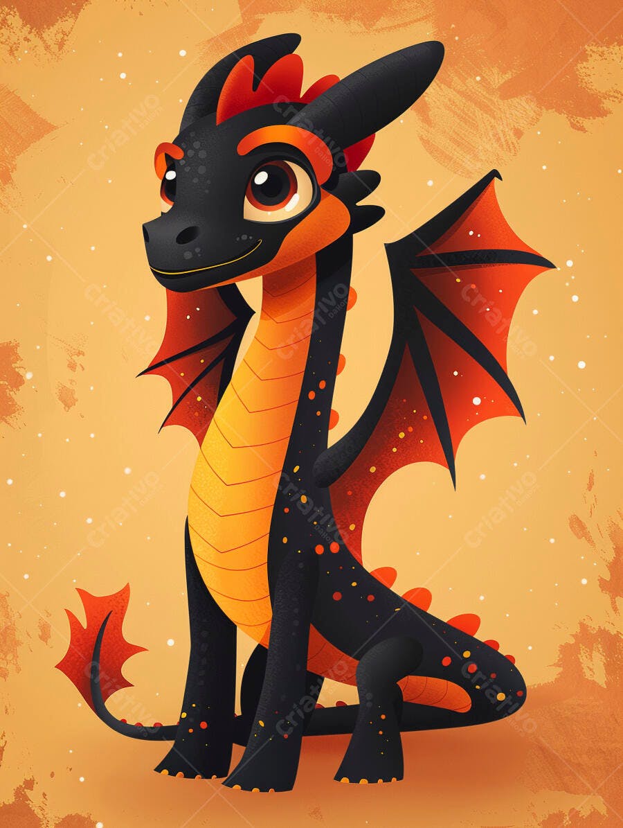 Dragão fofo preto e laranja ilustração com grandes olhos amigáveis