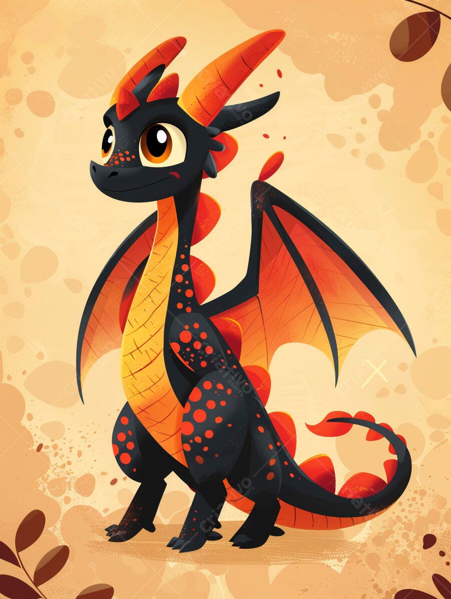 Dragão preto e laranja fofo com asas grandes ilustração digital