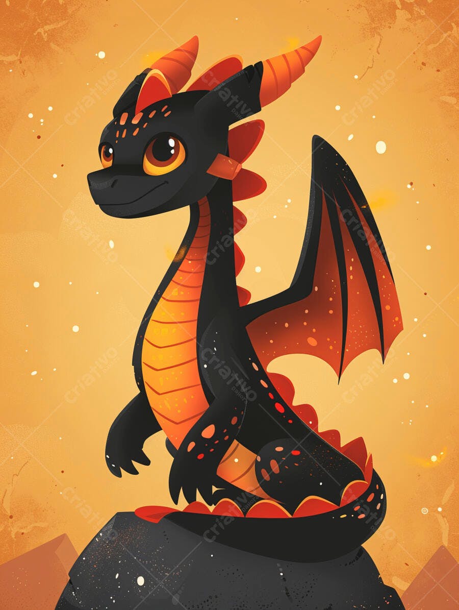 Dragão bebê fofo preto e laranja com asas sentado em rocha ilustração