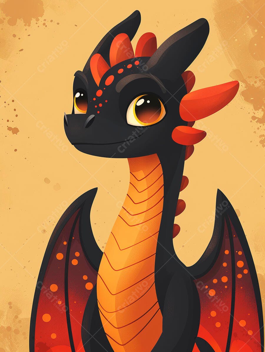 Dragão fofo preto com detalhes laranja ilustração digital