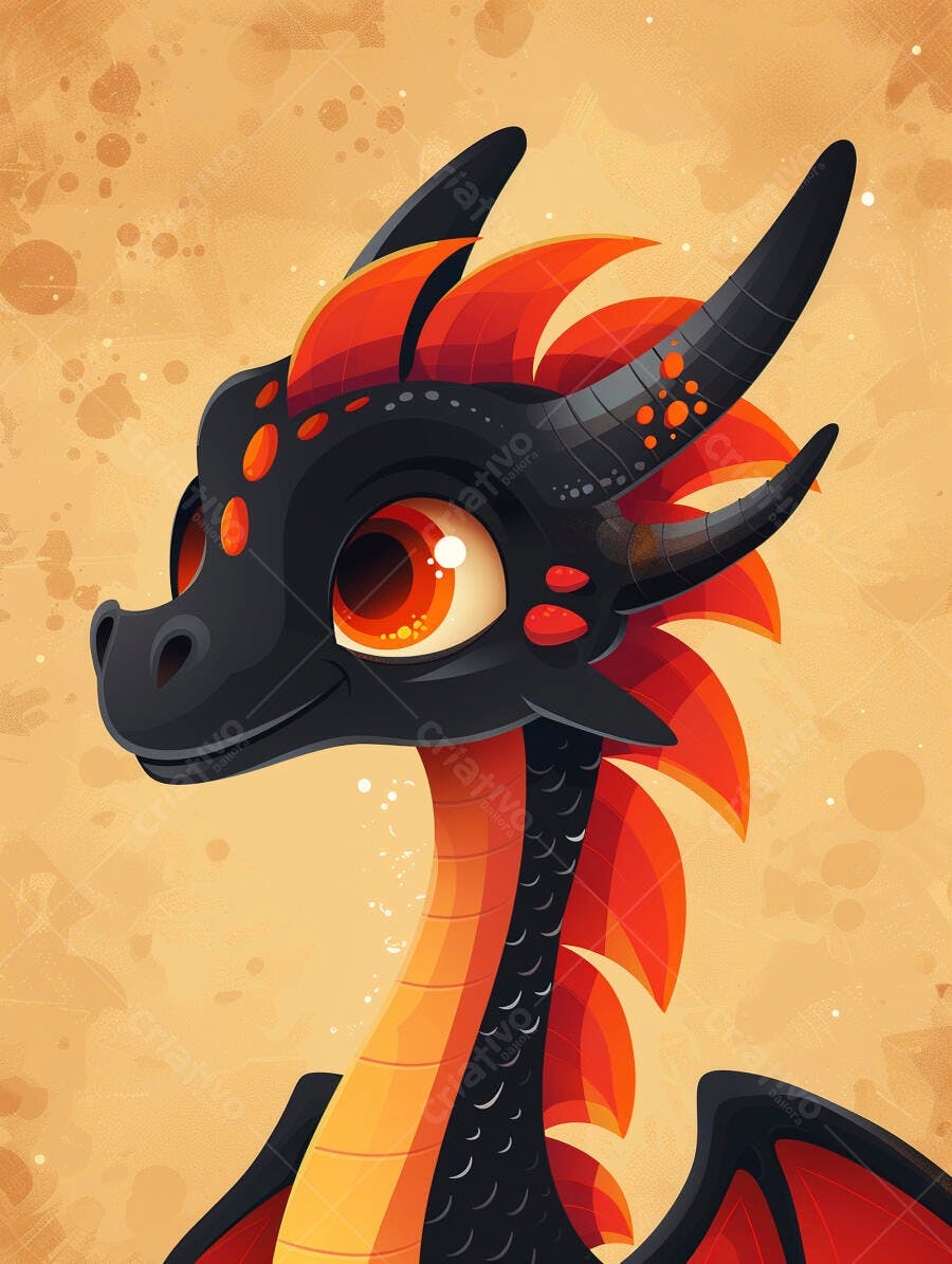 Dragão bebê preto e vermelho fofo com olhos grandes sorrindo ilustração