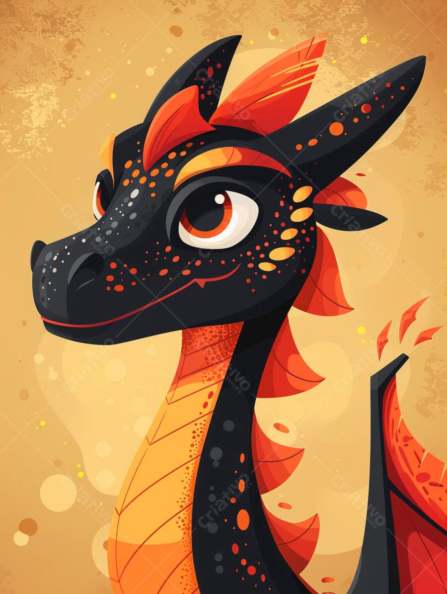 Dragão fofo com escamas pretas e detalhes laranja ilustração