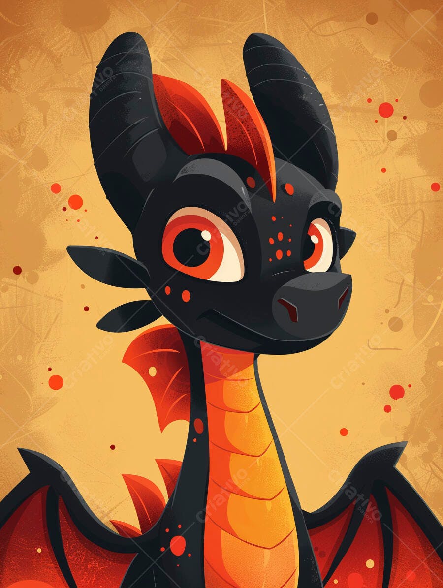 Dragão bebê preto e laranja olhos vermelhos estilo cartoon em fundo dourado