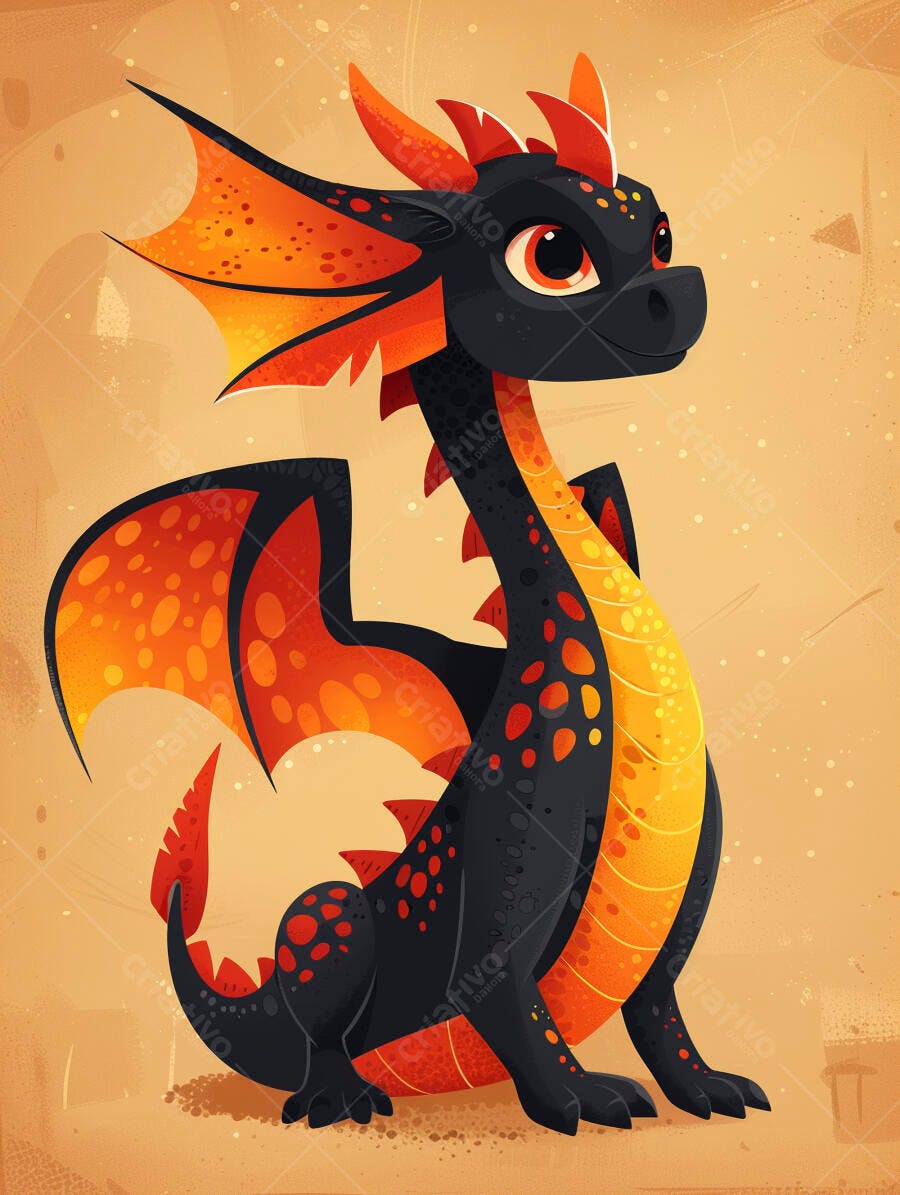Dragão bebê fofo preto laranja e amarelo sentado ilustração digital