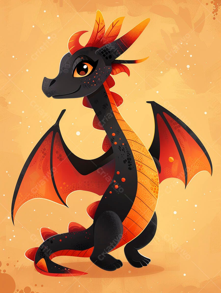 Dragão preto e laranja fofo sorrindo em fundo amarelo claro ilustração
