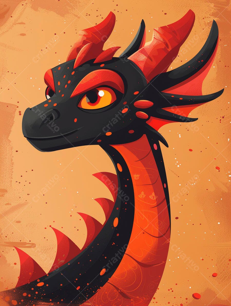 Dragão preto e vermelho em ilustração vibrante com olhos laranjas