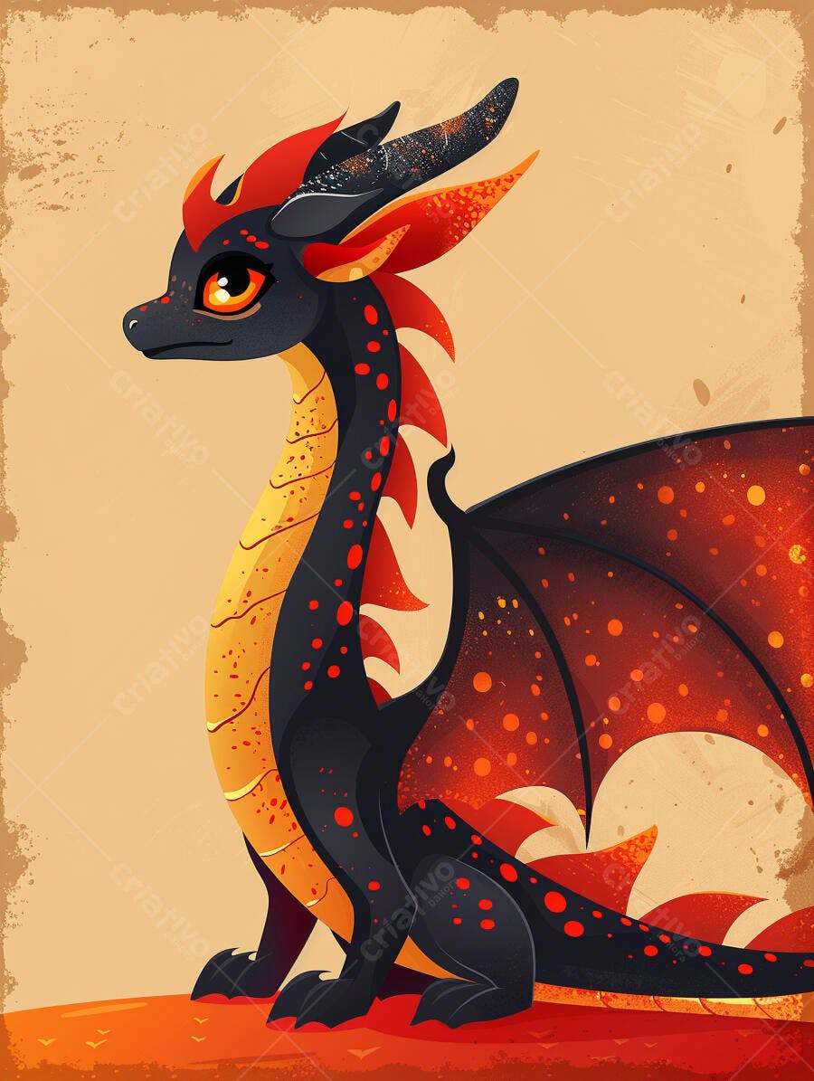 Dragão preto e vermelho com asas laranja em ilustração fantasia
