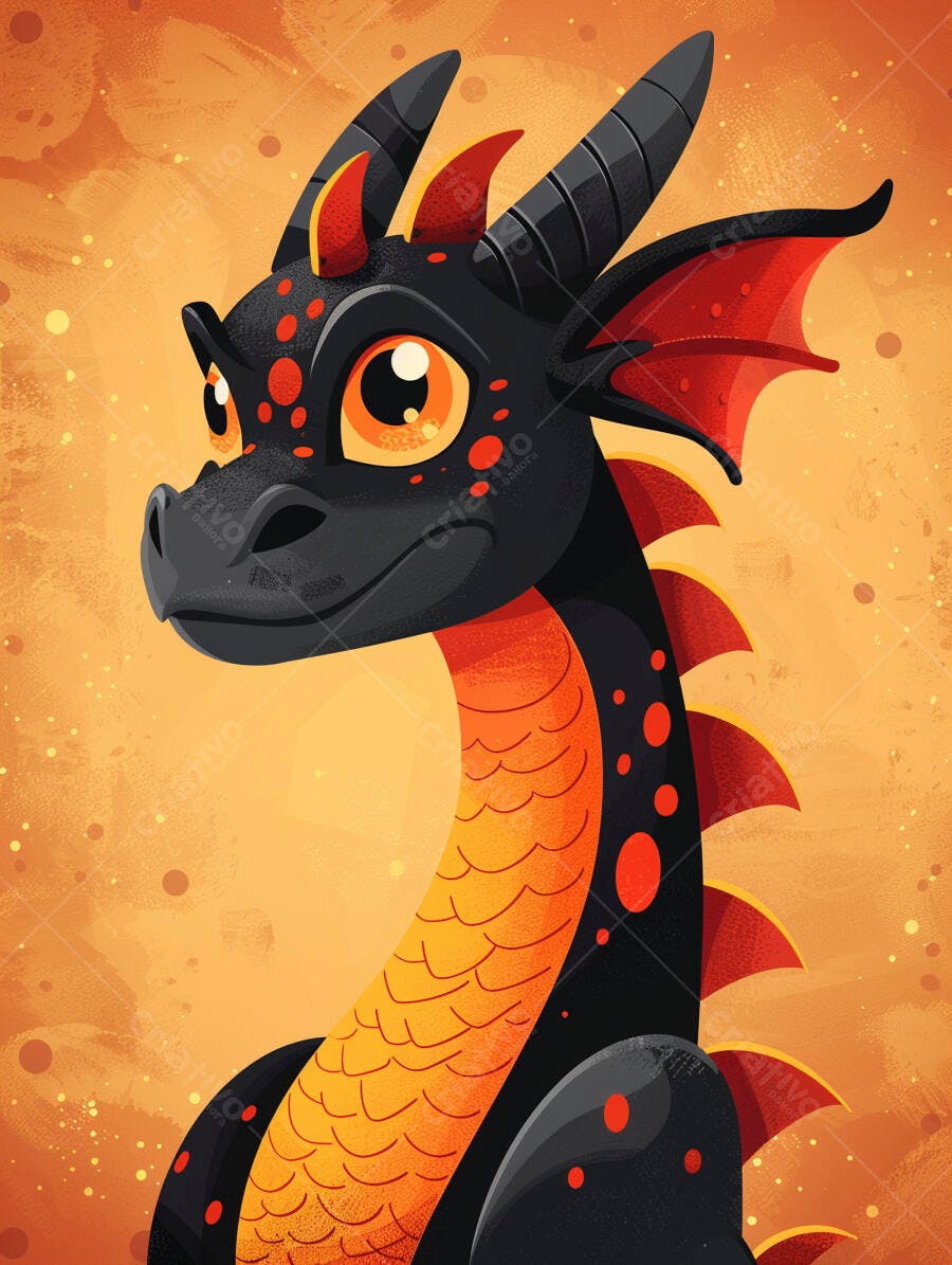 Dragão preto e vermelho ilustração cartoon em fundo laranja vibrante