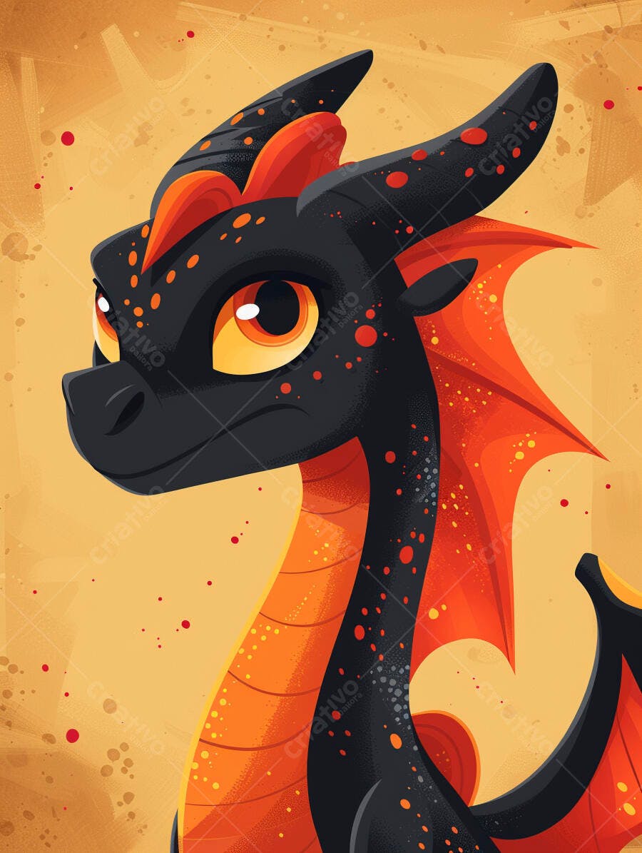 Dragão fofo preto e laranja olhando para o lado ilustração digital