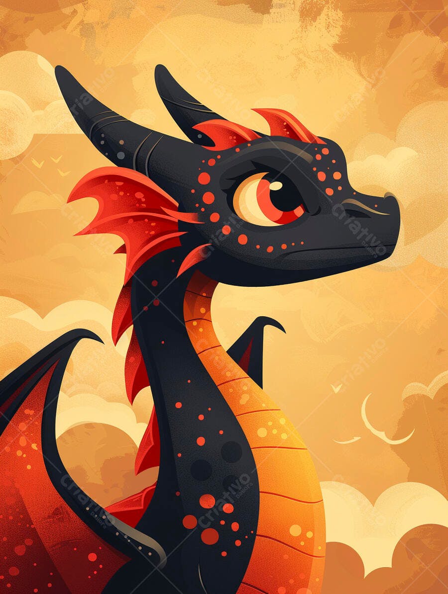 Dragão preto e vermelho alaranjado, ilustração vibrante em céu quente e nuvens
