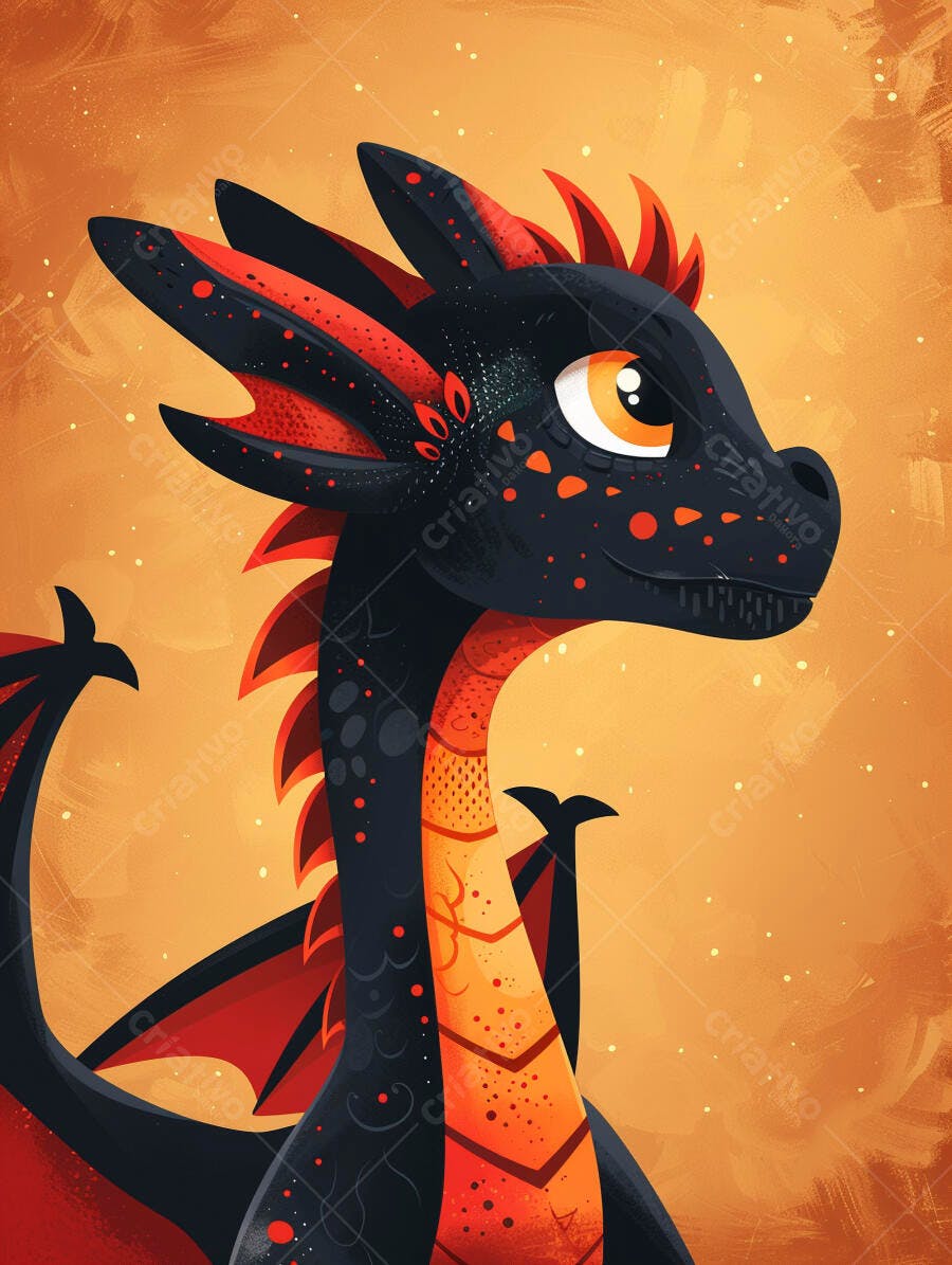 Dragão fofo preto e vermelho ilustração digital em fundo laranja