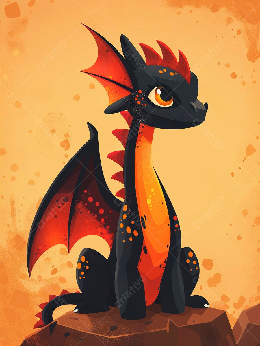 Dragão bebê preto e laranja sentado em rocha ilustração digital