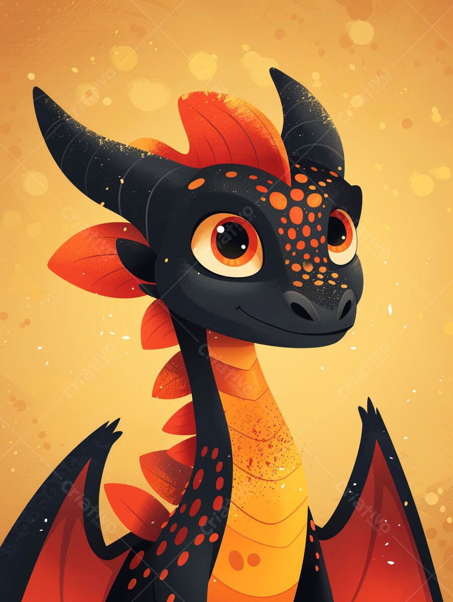 Dragão fofo preto e laranja sorrindo ilustração digital infantil