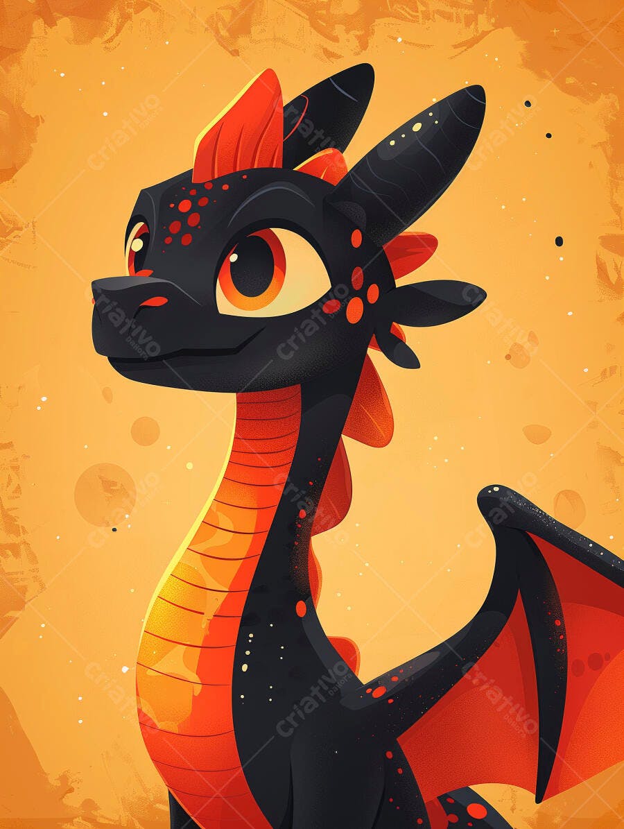 Dragão fofo preto e laranja em ilustração estilo desenho animado