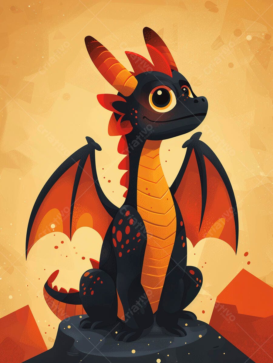Dragão preto laranja fofo sentado em rocha ilustração infantil fundo amarelo