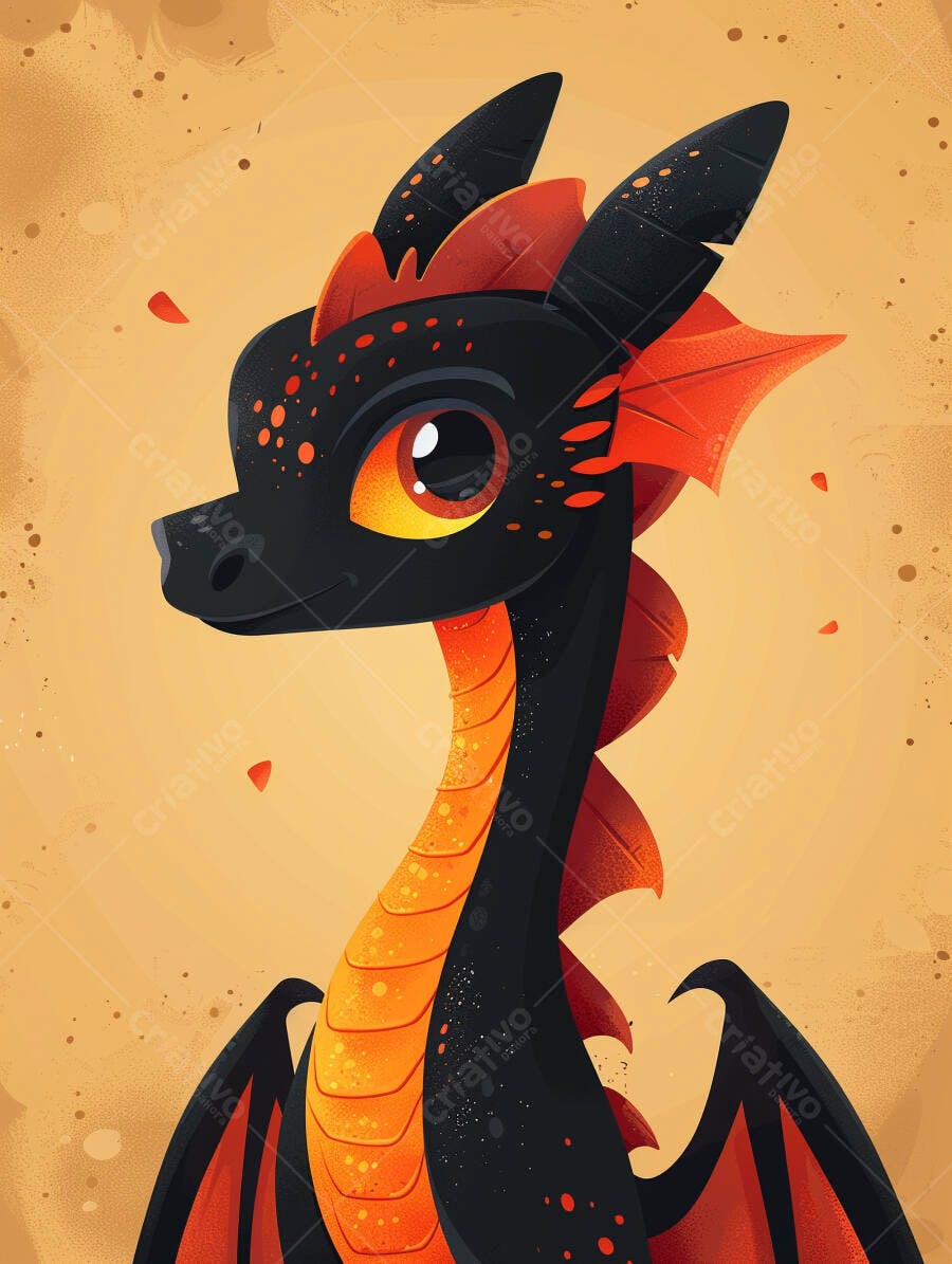 Dragão bebê fofo preto e laranja ilustração digital vibrante