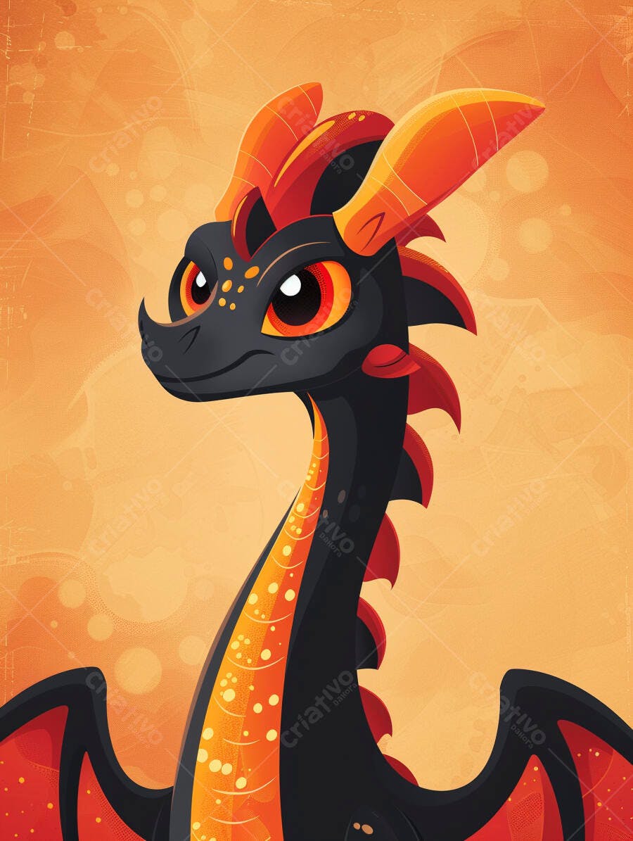Dragão preto e laranja ilustração de personagem fofo de fantasia