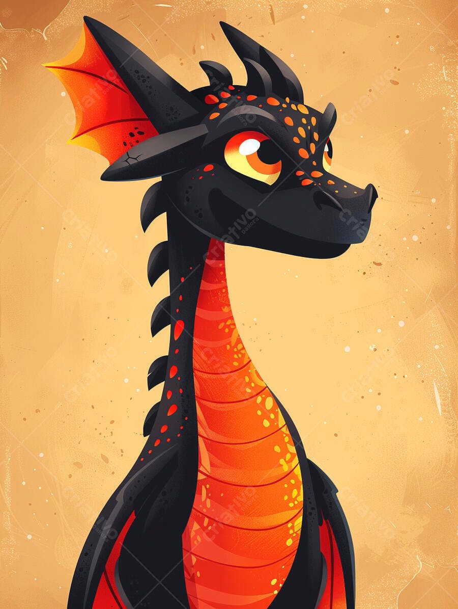Dragão preto e laranja estilo desenho animado em fundo bege vibrante