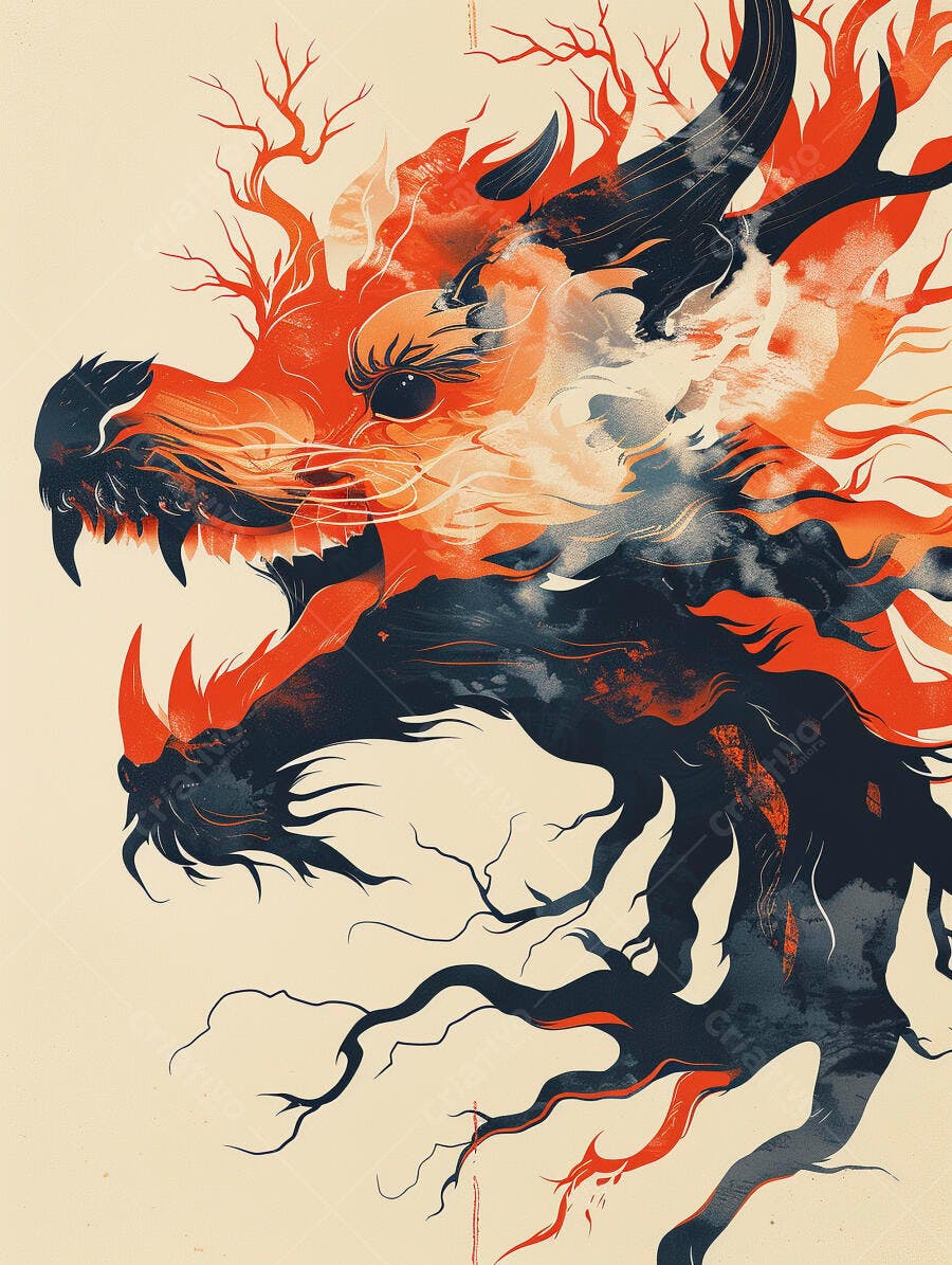 Dragão oriental furioso com tons de fogo em vermelho e azul escuro