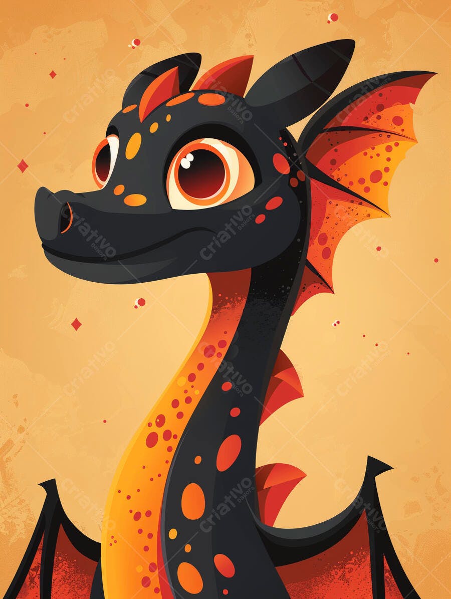 Dragão fofo preto e laranja com asas pequenas ilustração de desenho animado