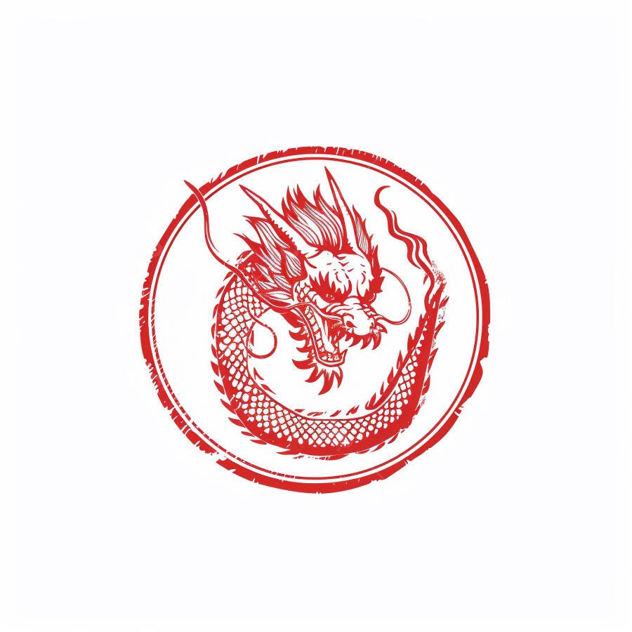 Dragão chinês vermelho em selo circular estilo oriental