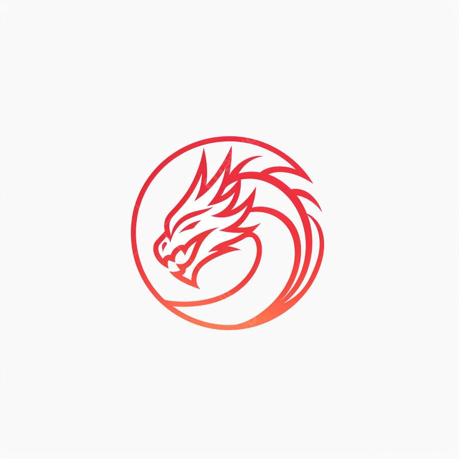 Logo de dragão estilizado vermelho e laranja em círculo design moderno