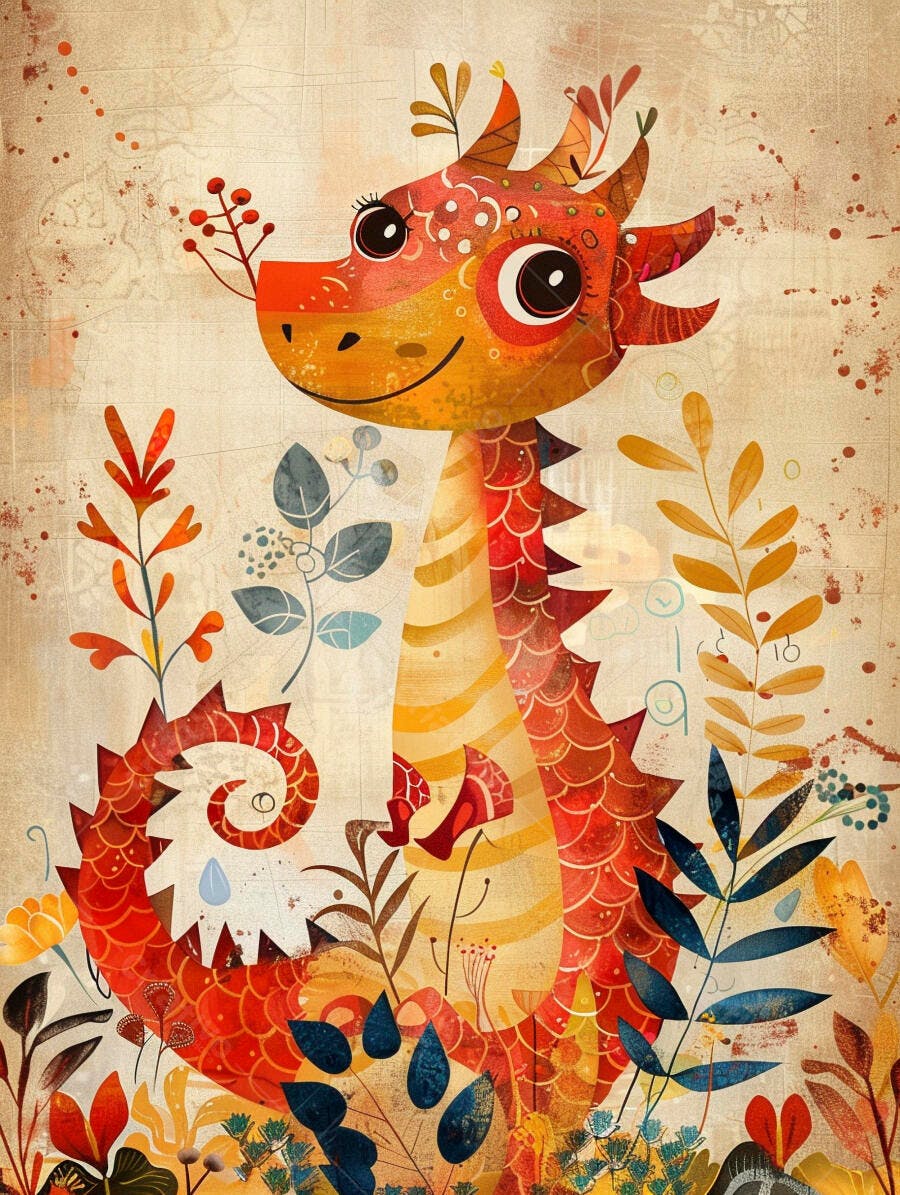 Dragão laranja e vermelho sorrindo em jardim com folhagens coloridas ilustração infantil