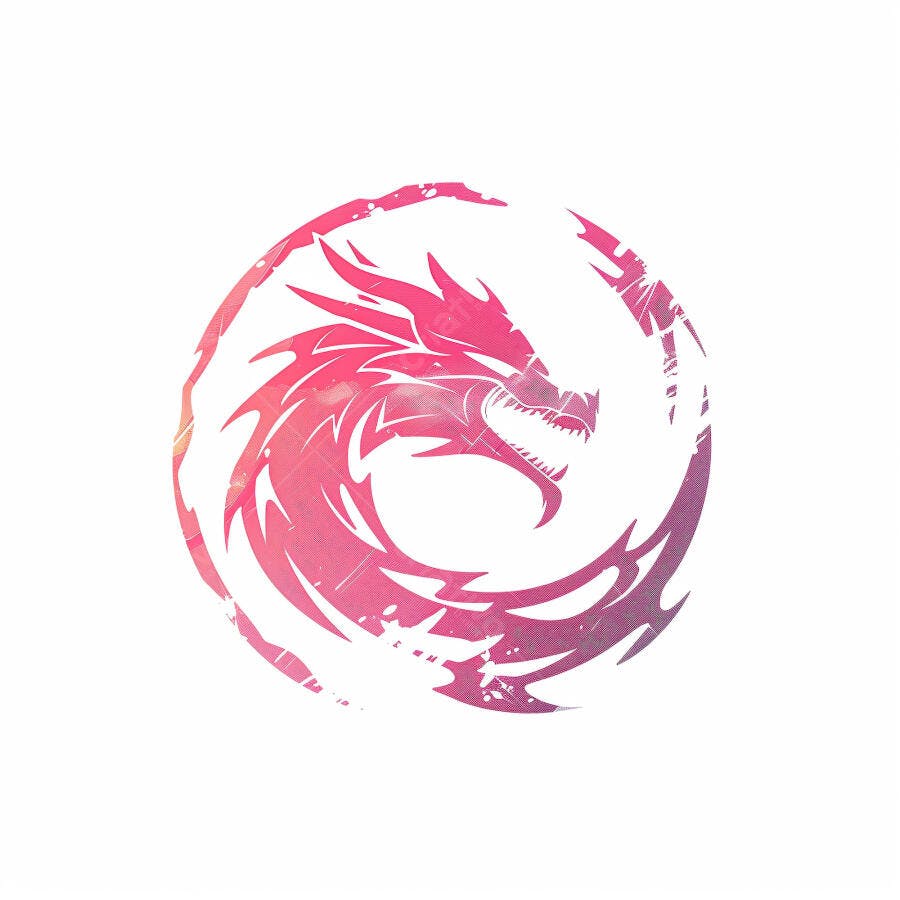 Dragão feroz em emblema circular rosa e roxo digital moderno