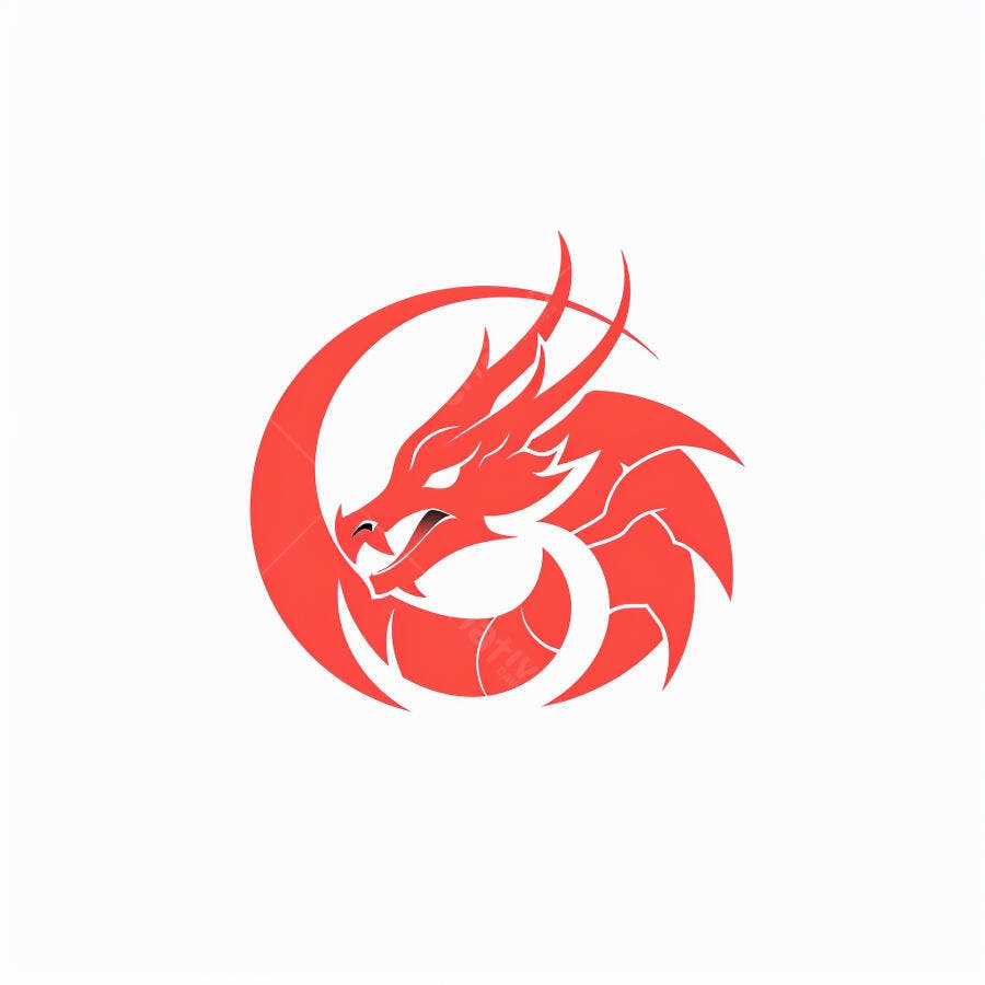 Logotipo de dragão vermelho estilizado em formato circular