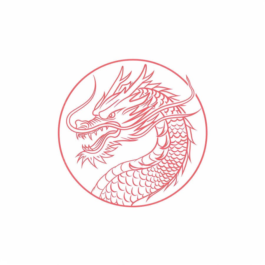 Dragão chinês vermelho em contorno dentro de círculo ilustração asiática