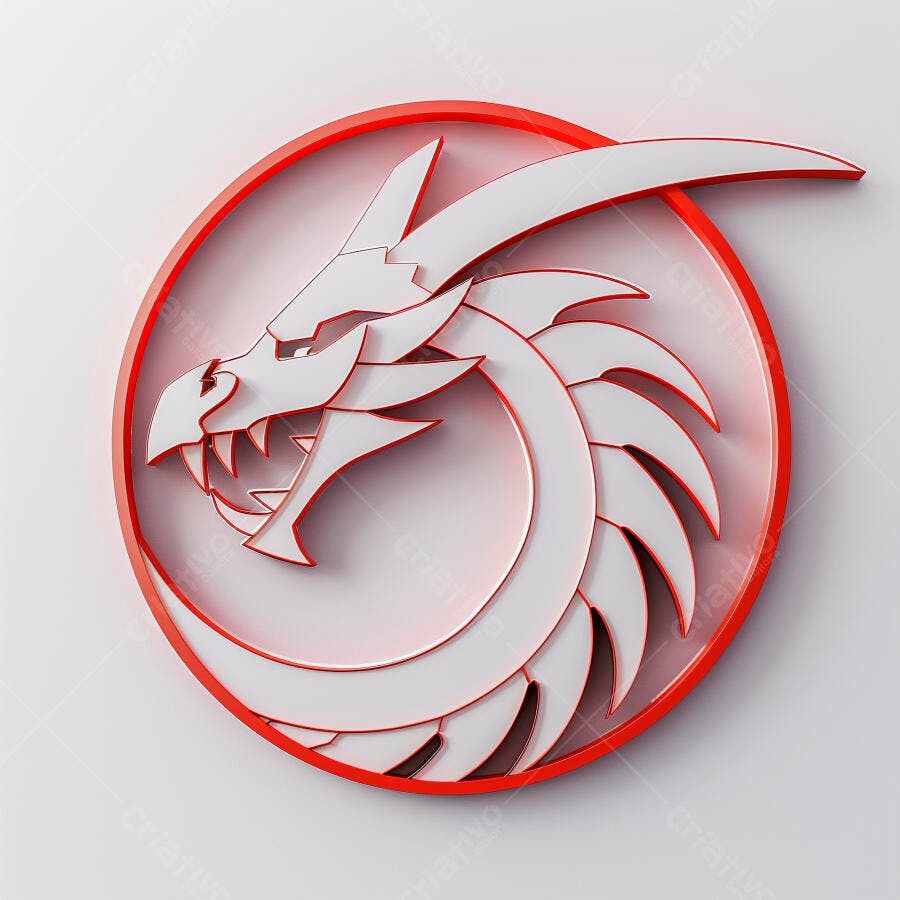 Logo de dragão branco estilizado em círculo vermelho 3D em fundo claro