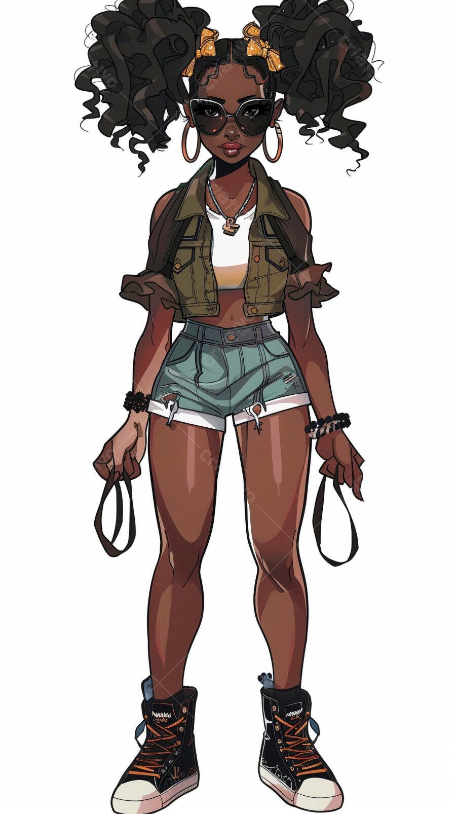 Mulher jovem negra de óculos cabelo cacheado e roupa casual moderna
