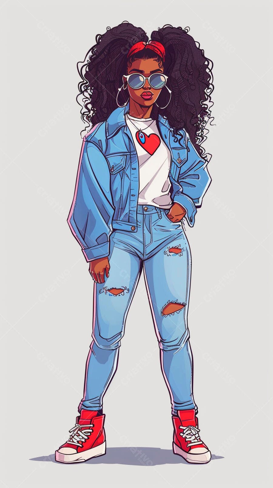 Mulher negra jovem com cabelo crespo e jaqueta jeans em estilo urbano