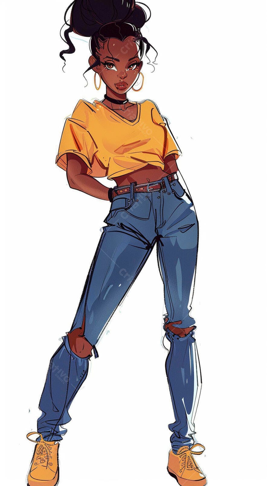 Jovem mulher negra ilustração com camiseta amarela e jeans rasgado