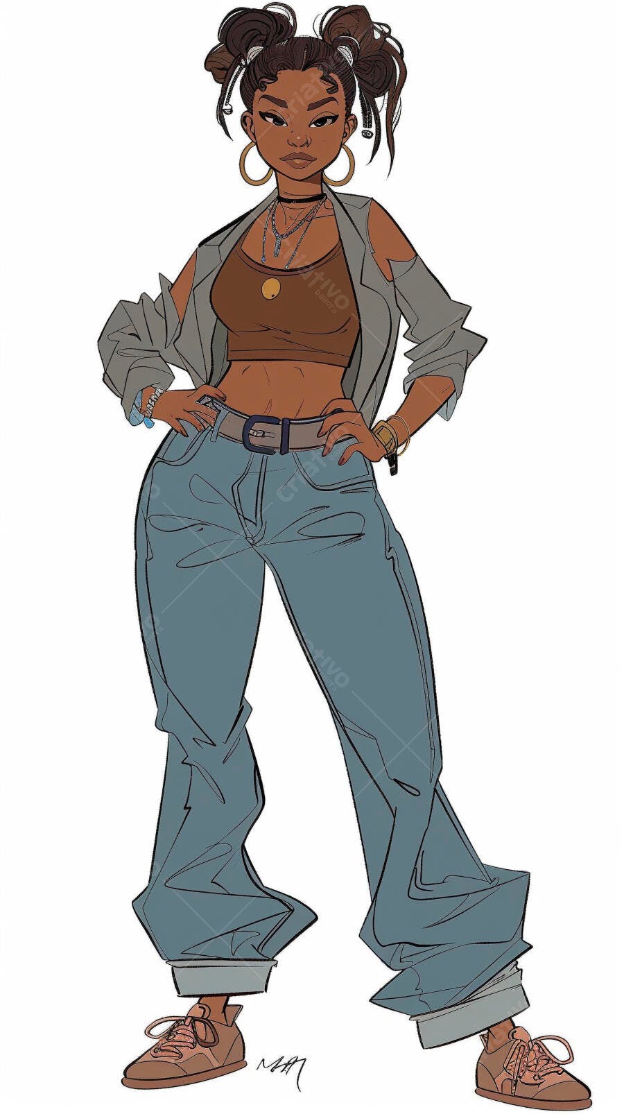 Mulher jovem negra confiante em roupa casual urbana com coques