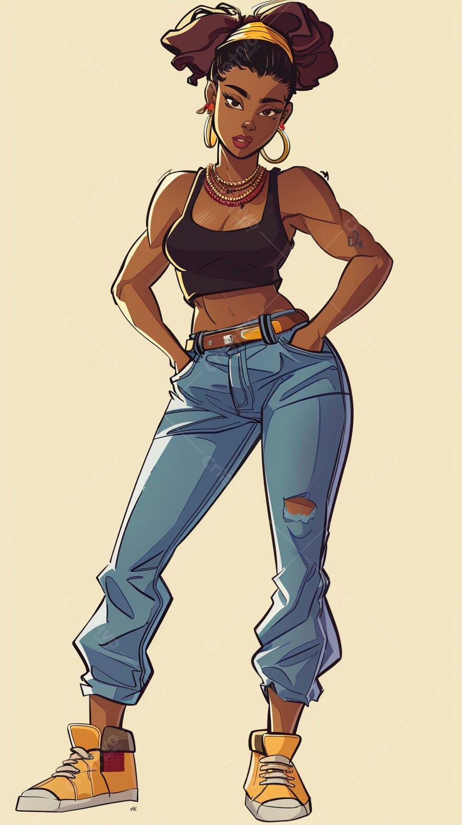 Mulher negra jovem confiante com top preto e jeans rasgado estilo desenho