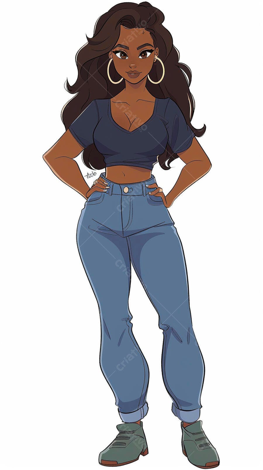 Mulher negra jovem sorrindo com top e jeans em pose confiante