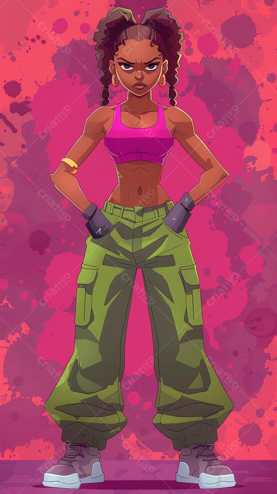 Mulher negra ilustrada de tranças top rosa e calça cargo verde pose confiante
