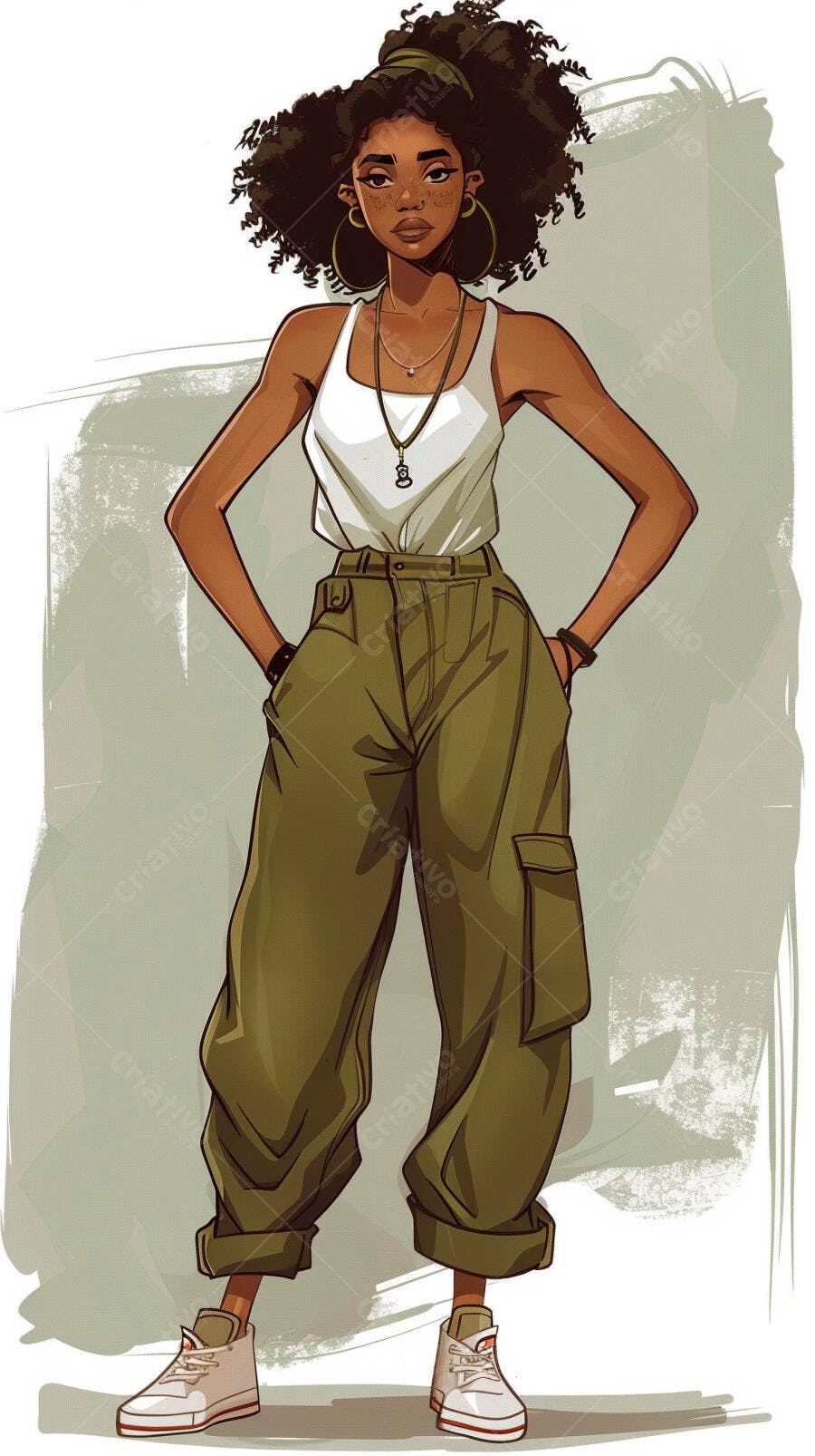 Jovem mulher negra com cabelo afro e roupa casual em pose confiante