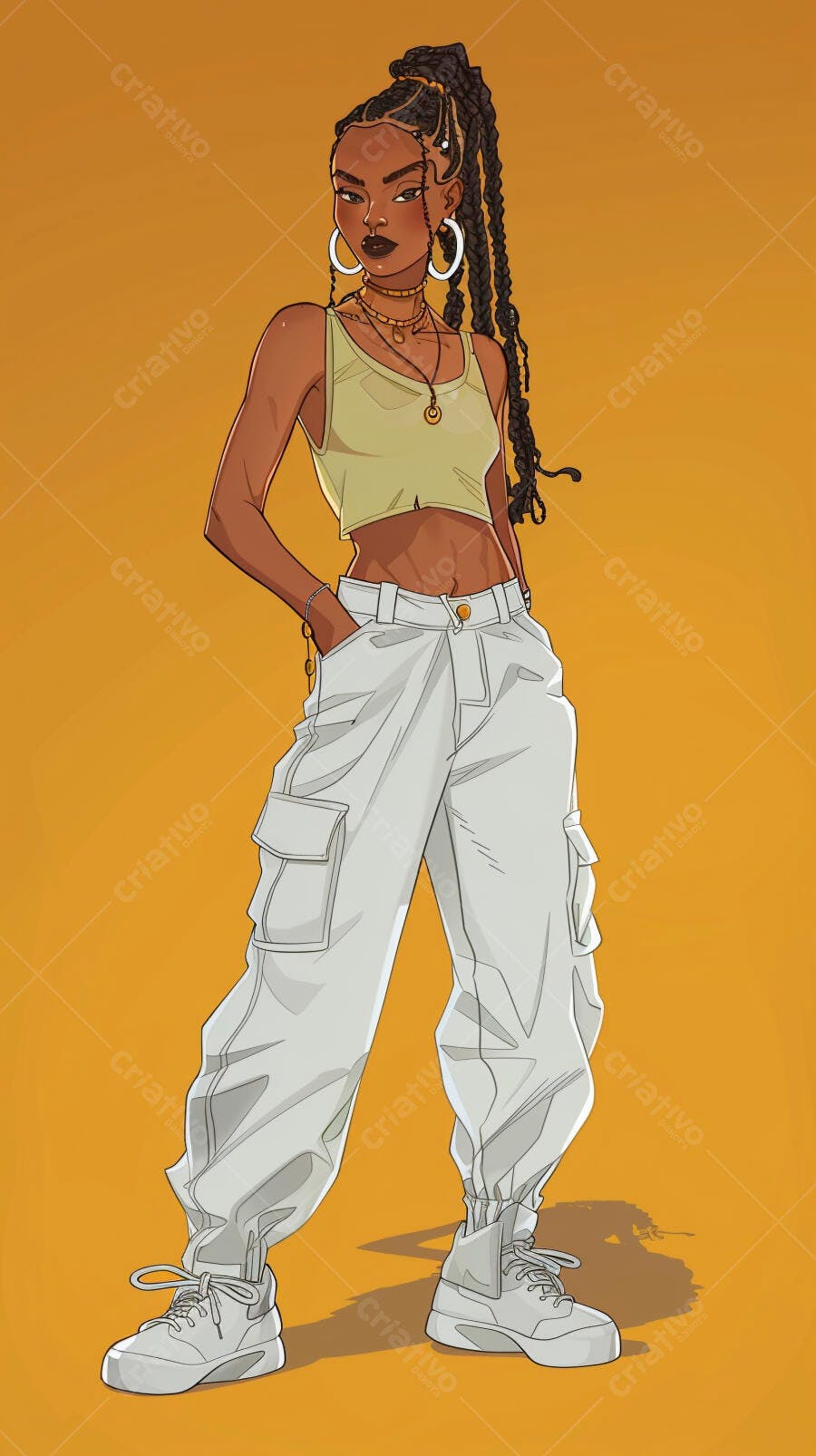 Mulher negra confiante em top cropped e calça cargo com tranças longas