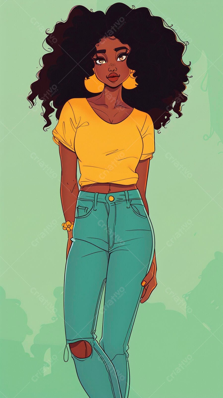 Mulher negra confiante cabelo afro com camiseta amarela e jeans rasgado