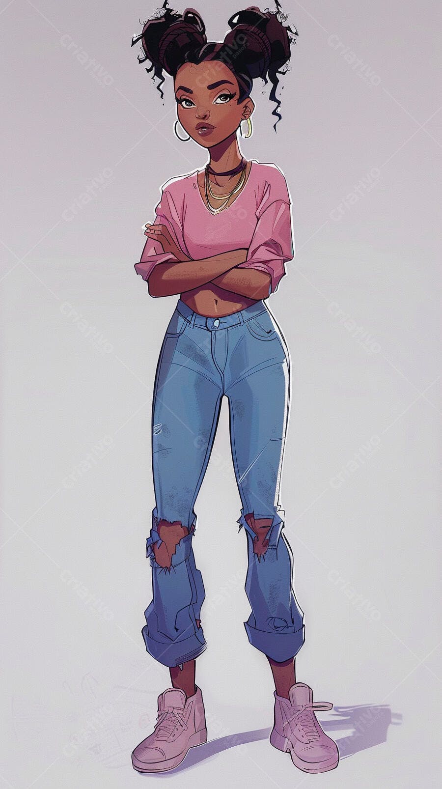 Jovem mulher negra ilustração com coques blusa rosa e jeans rasgados
