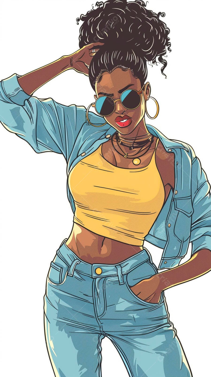 Mulher negra jovem confiante jaqueta jeans amarela óculos de sol cabelo coque