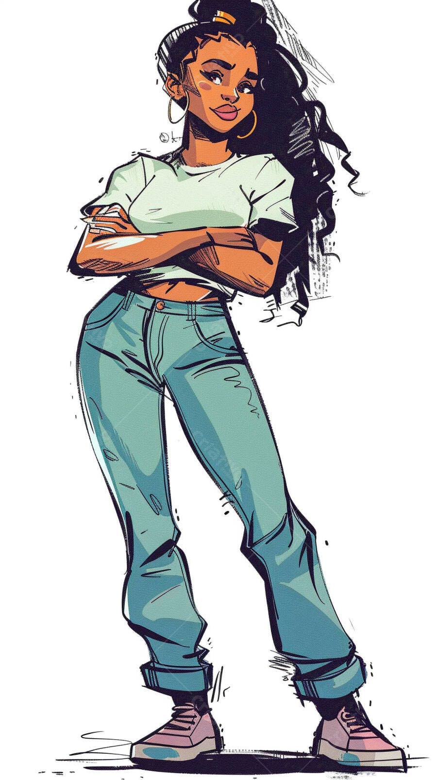 Mulher negra estilosa com camiseta verde e jeans folgado braços cruzados