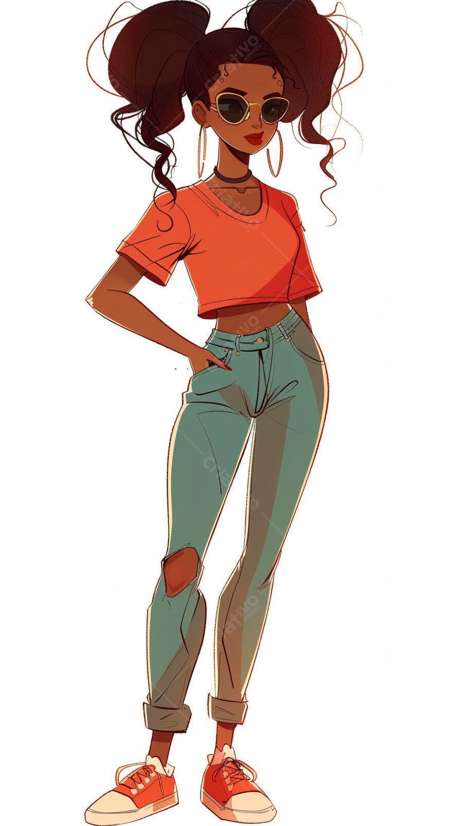 Mulher negra jovem de camiseta laranja jeans rasgado óculos dourados