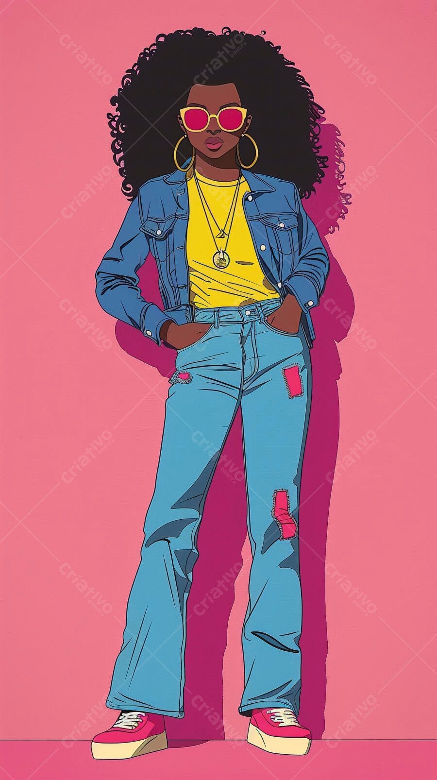 Mulher negra de cabelo afro com óculos rosa e jaqueta jeans em fundo rosa vibrante